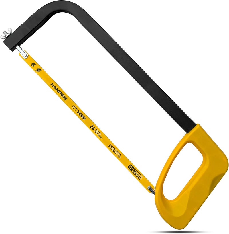 Hanpex 12in. High-Tension Hacksaw Frame with 24 TPI Bi-metal Blade, Hand Saw Suitable for Metal, wood, PVC, Carpentry - Image 1